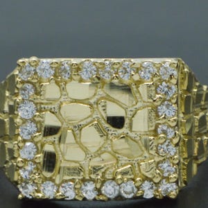 10K Real Yellow Solid Gold CZ Mens Nugget Ring 13.3mm 3.7 Gram all sizes.