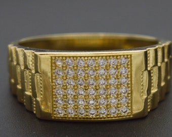 Men's Unisex Railroad Round CZ Ring Real Solid 10K Yellow White