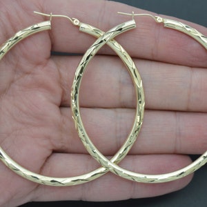 Real 10k Yellow Solid Gold Big Large Diamond Cut Hoop Earrings 2.35&#39;&#39; 60mm 3.9gr | Women-Ladies Jewelry Earrings | Solid Gold Hoop Earrings