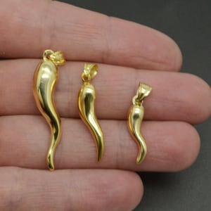 Prawdziwy 14-karatowy żółty złoty wisiorek CORNICELLO HORN włoski, zawieszka na szczęście, wszystkie rozmiary | Wisiorek z biżuterią damską | Solidny 14-karatowy złoty wisiorek