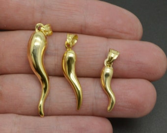 Real 14K Yellow Gold CORNICELLO Italian HORN Pendant Good Luck Charm All Sizes | Women-Ladies Jewelry Pendant | Solid 14k Gold Pendant