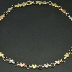 Real 10K Gold Tri Color 5.3mm Puffed Heart Link Ankle Bracelet 9&#39;&#39;-10&#39;&#39; | Women-Ladies Jewelry Bracelet | Solid 10k Gold Anklet Bracelet