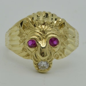 Bague tête de lion yeux rouges en or jaune 10 carats véritable pour homme 5,5 grammes TOUTES LES TAILLES | Bague en or unique bijoux pour hommes | Bague en or massif 10 carats pour homme