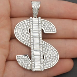 925 Sterling Silver Icy Bling CZ Dollar Sign Design Pendant 18.5 in 12.5 Gram