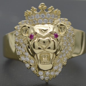 Bague tête de lion en or jaune massif 10 carats véritable 17 mm CZ moyennement brillant 4,8 g TOUTES les tailles | Bague en or unique en son genre pour femme | Bague en or 10 carats pour femme
