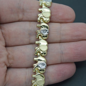 Real 10K Solid Two-tone Gold 7'' Shiny Diamond Cut Elephant Charm Bracelet 7.9gr | Women-Ladies Jewelry Bracelet | Solid 10k Gold Bracelet