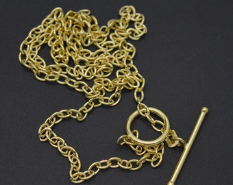 Real 14K Solid Yellow Gold 18" Round Ring Charm Cable Toggle Chain Necklace | Women-Ladies Jewelry Necklace | Solid 14k Gold Necklace
