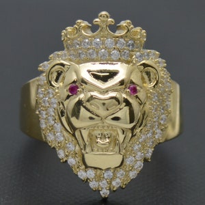 Bague tête de lion en or jaune massif 10 carats, grande taille 20 mm, cz cz, pour homme, toutes les tailles | Bague en or unique bijoux pour hommes | Bague en or massif 10 carats pour homme