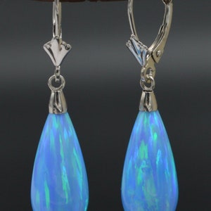 14K Solid White Gold Tear Drop Blue Fire Opal Lever back Dangle Earrings | Women-Ladies Jewelry Earrings | Solid 14k Gold Opal Earrings