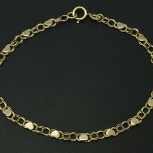 10k Yellow Solid Gold Mirrored Heart Link Chain Charm Anklet Bracelet 9''-10'' | Women-Ladies Jewelry Bracelet | Solid Gold Anklet Bracelet