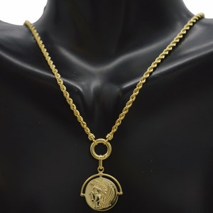 Real 14K Yellow Gold 18&quot;   cleopatra coin Charm Rope Chain Necklace 4.3 gr | Women-Ladies Jewelry Necklace | Solid 14k Gold Pendant Necklace