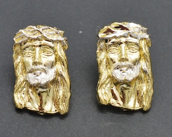 Real 10k Yellow Gold Jesus Head Diamond Cut Stud Earrings 2.7gr | Men-Women Jewelry 10k Gold Earrings | Stud 10K Gold Jesus Head Earrings