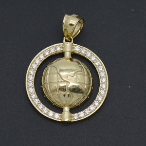 Real 10K Solid Yellow Gold 28.5mm World Charm Textured CZ Pendant 2.9 grams | Fashion Jewelry Gold Pendant | Solid 10k Gold Pendant