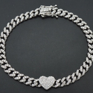 925 Sterling Silver Cuban Heart Ladies Bracelet Iced Bling 19.4g 7 ...