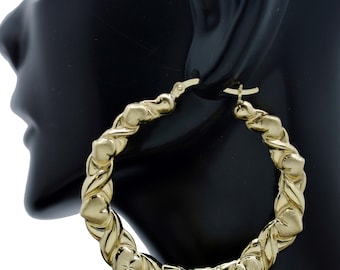 Echt 10K Gelbgold 50,1 mm Twisted Herz Diamantschliff 6,6gr Creolen | Frauen-Damen Schmuck Ohrringe | Massive 10k Gold Creolen
