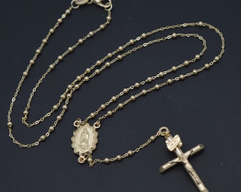 Real 10K Yellow Gold Rosary Mary Guadalupe Jesus Cross Necklace 4.0gr 18&quot;-24&quot; | Men-Women Jewelry Necklace | Solid 10k Gold Pendant Necklace