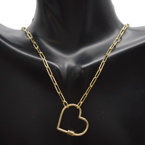 Real 14K Yellow Gold Heart Carabiner Clasp 2.5mm Paperclip Link Chain Necklace | Women-Ladies Jewelry Necklace | Solid 14k Gold Necklace