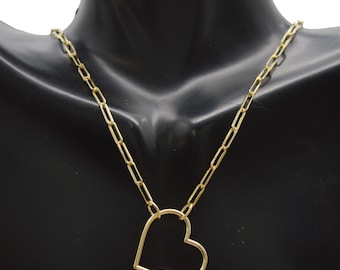 Real 14K Yellow Gold Heart Carabiner Clasp 2.5mm Paperclip Link Chain Necklace | Women-Ladies Jewelry Necklace | Solid 14k Gold Necklace