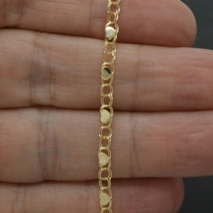 10k Yellow Solid Gold Mirrored Heart Link Chain Charm Bracelet 9'' | Women-Ladies 10k Solid Gold Jewelry Bracelet | Solid 10k Gold Bracelet