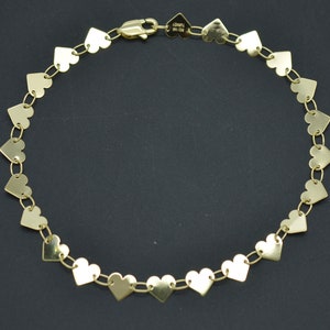 Real 14K Solid Yellow gold 7&quot; Mirrored Chain Heart Strand Charm Bracelet | Women-Ladies Jewelry Bracelet | Solid 14k Gold Bracelet