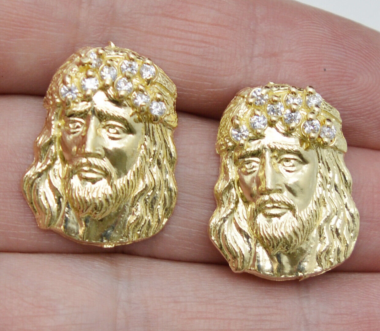 10k Solid Yellow Gold Jesus head Cz Big Stud Earrings | Men-Women Jewelry 10k Gold Earrings | Stud 10K Gold Jesus head Cz Big Stud Earrings