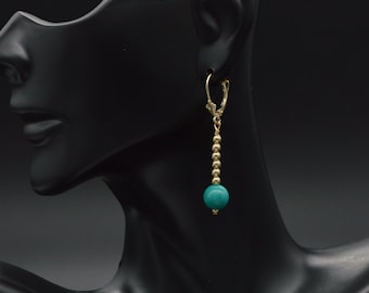 14K Solid Gold Natural Turquoise & Gold Beads LeverBack Earrings | Women-Ladies 14k Gold Jewelry Earrings | Solid 14k Gold Drop Earrings