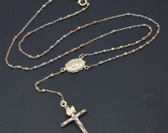 Real 10K Tricolor Gold Rosary Mary Guadalupe Jesus Cross Necklace 3.7gr 18&quot;-24&quot; | Men-Women Jewelry Necklace | Solid Gold Pendant Necklace