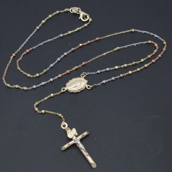 Real 10K Tricolor Gold Rosary Mary Guadalupe Jesus Cross Necklace 3.7gr 18"-24" | Men-Women Jewelry Necklace | Solid Gold Pendant Necklace