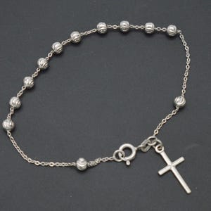 925 Sterling Silver Cross Rosary Bracelet 2.7 Gram 7" + 1/4" Hanging Down