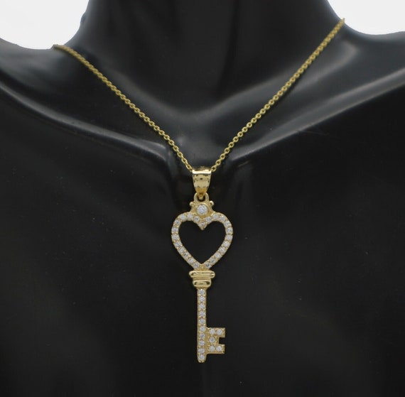 Real 10K Solid Yellow Gold Shiny CZ Heart Charm Key Pendant