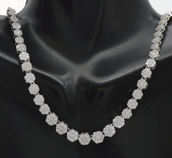 Solid 925 Sterling Sliver Flower Cluster Tennis Necklace 16 inch 23.0gram ,5.5mm