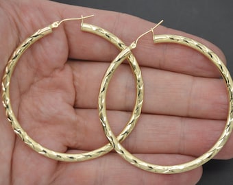 Real 10k Yellow Solid Gold Diamond Cut Shiny Big Large Hoop Earrings 55mm 3.6 gr | Women-Ladies Jewelry Earrings | Solid Gold Hoop Earrings