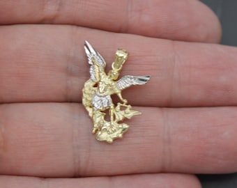 Real 10K Solid Yellow-White Gold Saint San Michael Miguel Charm Pendant 1.3gr | Men-Women Jewelry Pendant | Solid 10k Gold Pendant