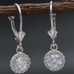 14K Solid White Gold White CZ Round Halo Leverback Earrings | Women-Ladies Jewelry Earrings | Solid 14K Gold Halo Leverback Drop Earrings