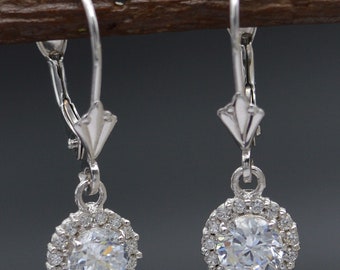 14K Solid White Gold White CZ Round Halo Leverback Earrings | Women-Ladies Jewelry Earrings | Solid 14K Gold Halo Leverback Drop Earrings