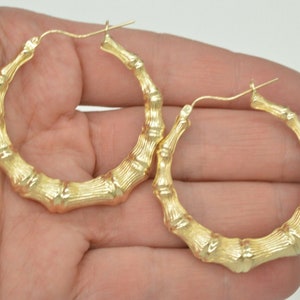 REAL 10K Yellow Gold 1 3/4&quot; 42mm Large Graduated Bamboo Hoop Earrings  | Women-Ladies Jewelry Earrings | Solid 10k Gold Hoop Earrings