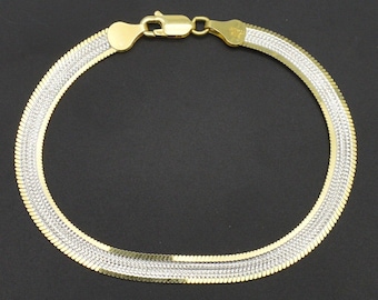 925 Sterling Silver Two Tone Herringbone Diamond Cut Bracelet 5.5mm 7&quot; 8&quot; 9&quot;