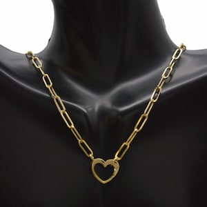 Real 14K Yellow Gold 18&#39;&#39; Paperclip Chain Heart Carabiner Clasp Necklace 3.9gr