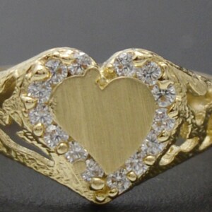 Real 10K Yellow Solid Gold Shiny CZ Heart Charm ID Ring 2.0gr All Sizes | Women Jewelry Unique Gold Ring | Solid 10k Gold Ring for Ladies