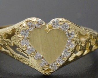 Real 10K Yellow Solid Gold Shiny CZ Heart Charm ID Ring 2.0gr All Sizes | Women Jewelry Unique Gold Ring | Solid 10k Gold Ring for Ladies