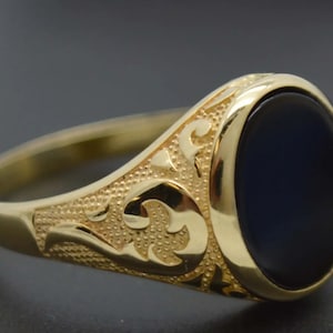 Real Solid 14K Yellow Gold Oval Black Onyx Signet Vintage Style Ring ALL Sizes | Men Jewelry Unique Gold Ring | Solid 14k Gold Ring for Men