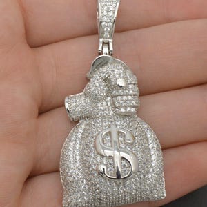 Ciondolo a forma di sacchetto di soldi in argento sterling 925 Icy Bling 3D taglio rotondo cz 12,4 g