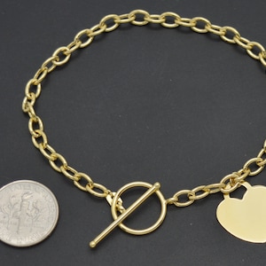 Real 14K Solid Yellow Gold 7.6&quot; Heart Toggle Tag Oval Chain Charm Bracelet 4.0gr | Women-Ladies Jewelry Bracelet | Solid 14k Gold Bracelet