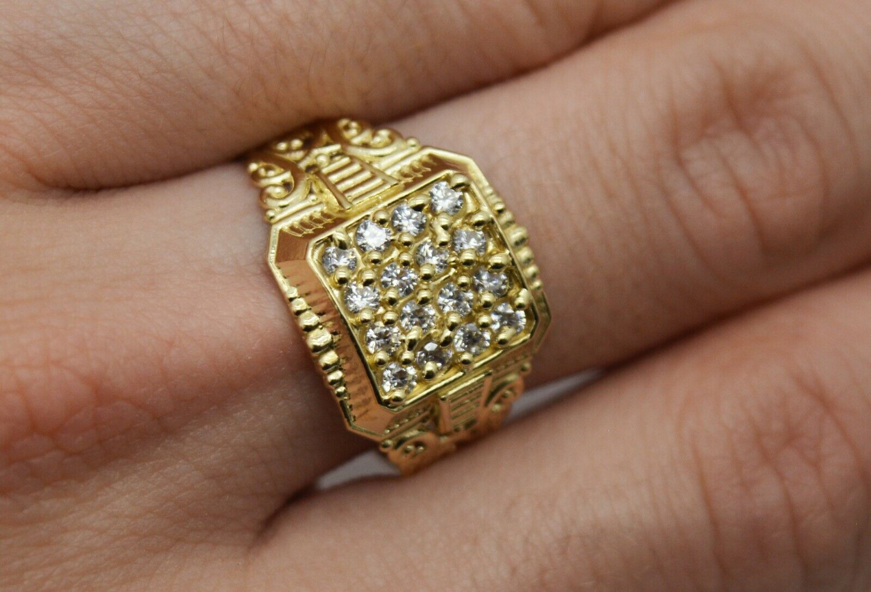 roaju☆AROUND RING[10K]★限定数量★ Real Solid 10K Yellow Gold Men's Pinky Square Ring CZ 14.3mm