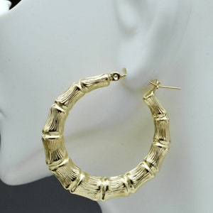 REAL 10K Yellow Gold 1.40&#39;&#39; Large Graduated Bamboo Hoop Earrings 5.8gr | Women-Ladies Jewelry Earrings | Solid 10k Gold Hoop Earrings