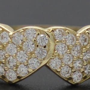 Real 10K Solid Yellow Gold Double Heart Shiny CZ Charm Ring All Sizes | Women Jewelry Unique Gold Ring | Solid 10k Gold Ring for Ladies