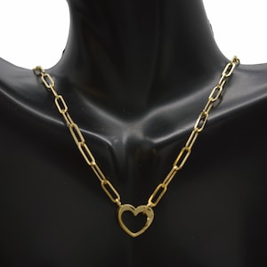 Real 14K Yellow Gold 18&#39;&#39; Paperclip Chain Heart Carabiner Clasp Necklace 3.9gr | Women-Ladies Jewelry Necklace | Solid 14k Gold Necklace