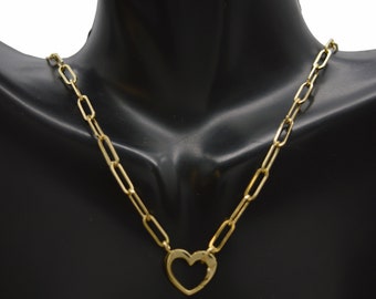 Real 14K Yellow Gold 18'' Paperclip Chain Heart Carabiner Clasp Necklace 3.9gr | Women-Ladies Jewelry Necklace | Solid 14k Gold Necklace