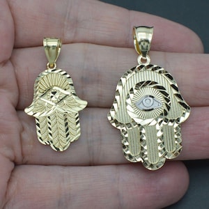 10k Solid Yellow Gold Shiny Hamsa Evil Eye Charm Pendant (Small - Medium)