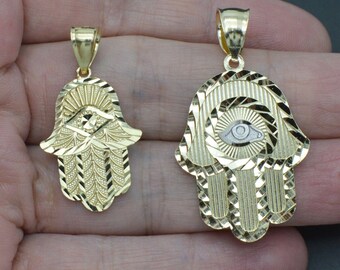 10k Solid Yellow Gold Shiny Hamsa Evil Eye Charm Pendant (Small - Medium)
